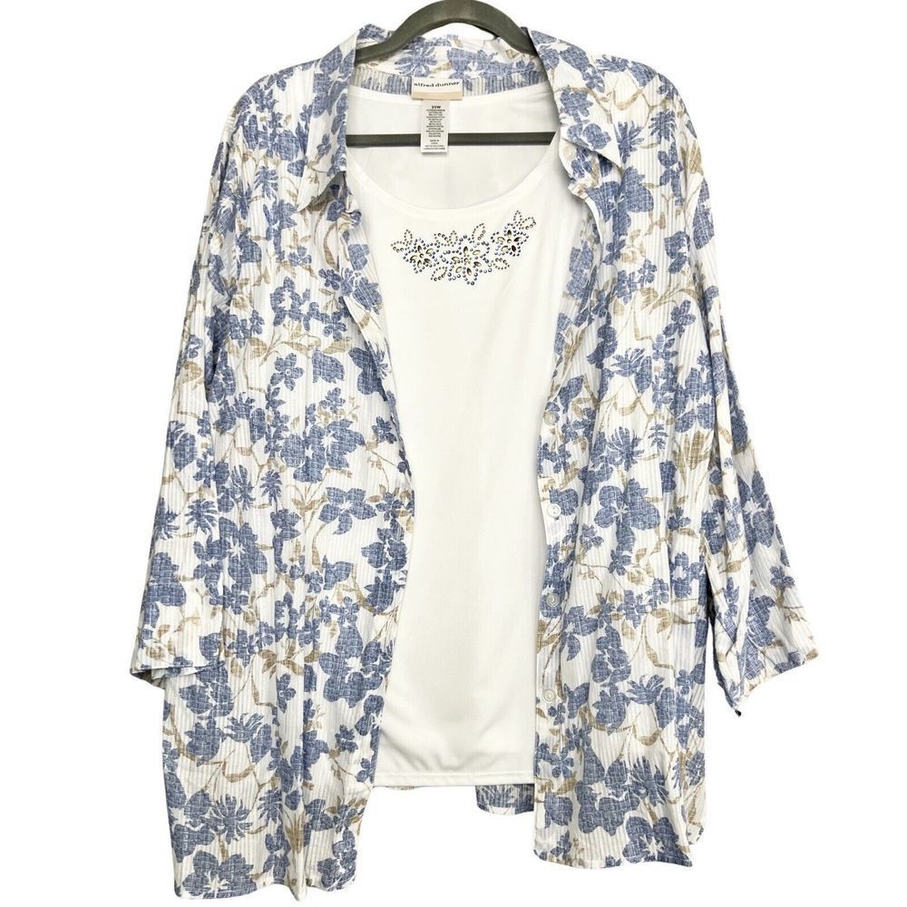 Alfred Dunner NWT Blue White Beige Floral 2pc Button Down Blouse Plus Size 20W